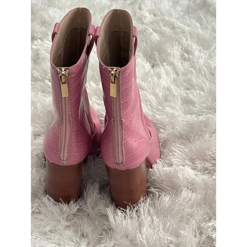 Raye Revolve Leon Pink Croc Embossed Pointed Toe Western Ankle Heel Boots 9